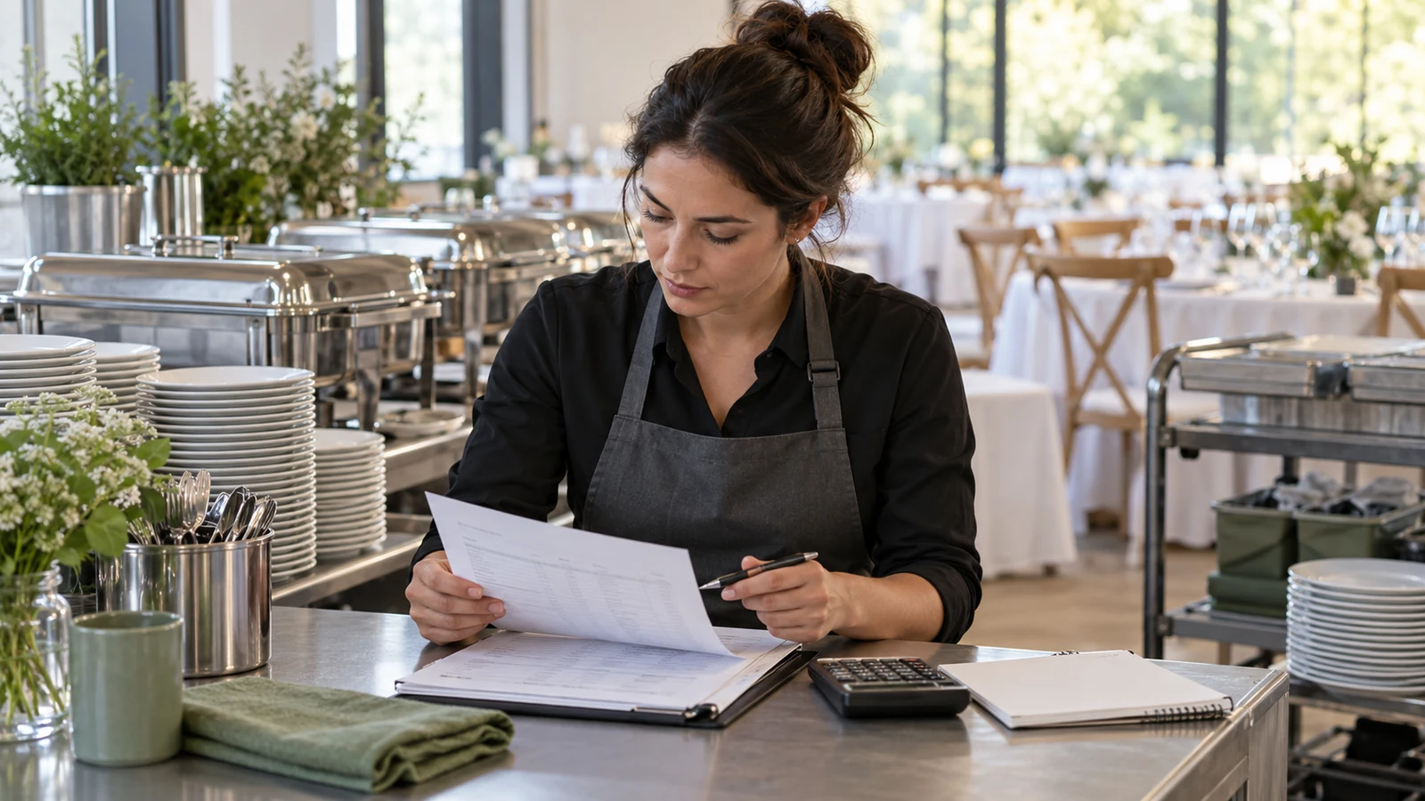 A catering coordinator reviews an itemized bill beside serving trays, stacked plates and a prepared event space.