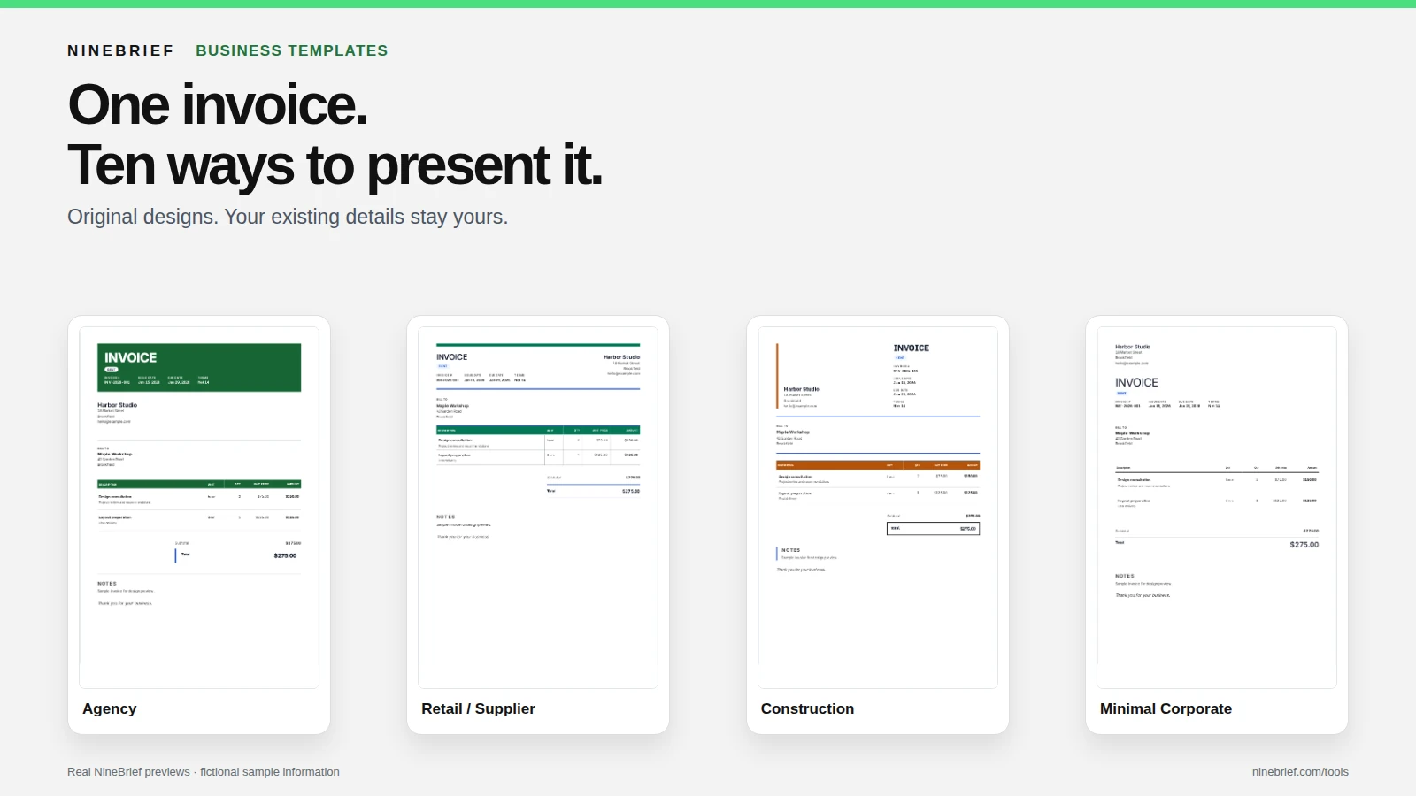 Four different NineBrief business invoice design previews use fictional sample details to compare typography, headers, line-item tables and totals.