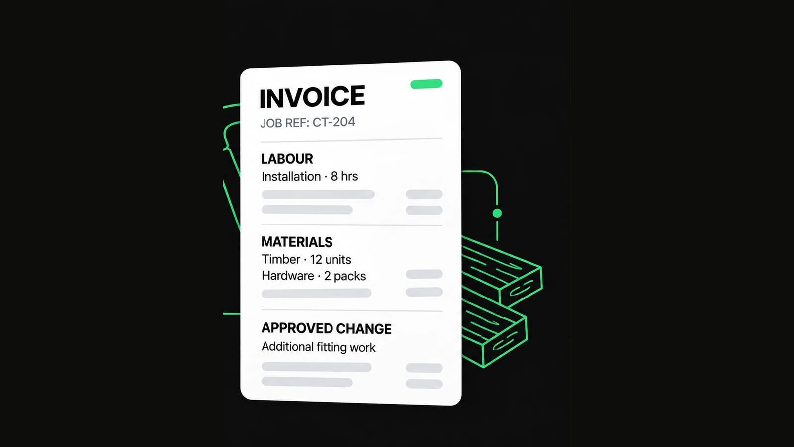 An illustrated contractor invoice groups labour, materials and an approved change under a job reference.