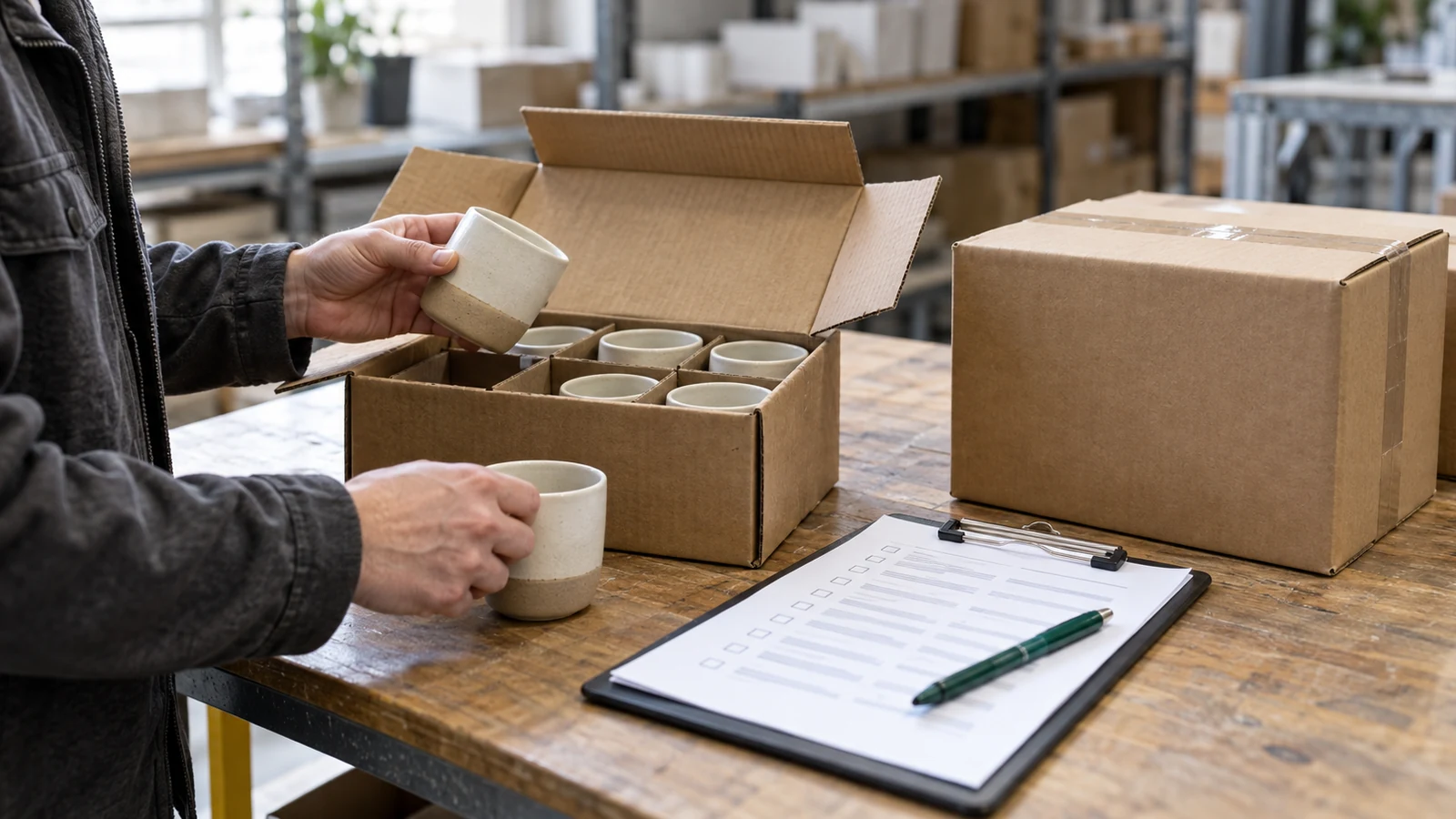 A colleague checks ceramic cups beside cartons and a quantity checklist on a receiving bench.