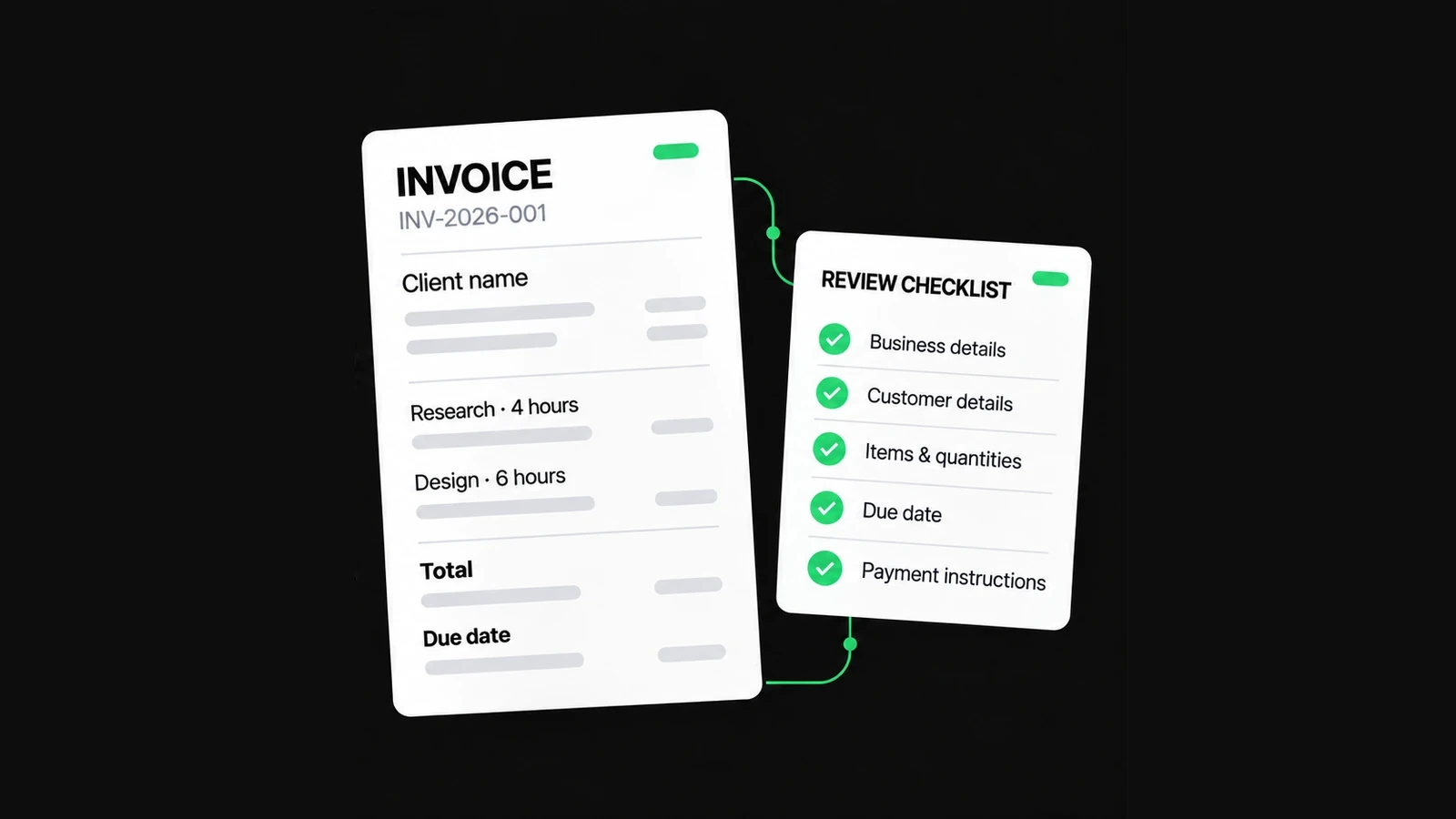 An illustrated invoice beside a review checklist for business and customer details, items, quantities, due date and payment instructions.