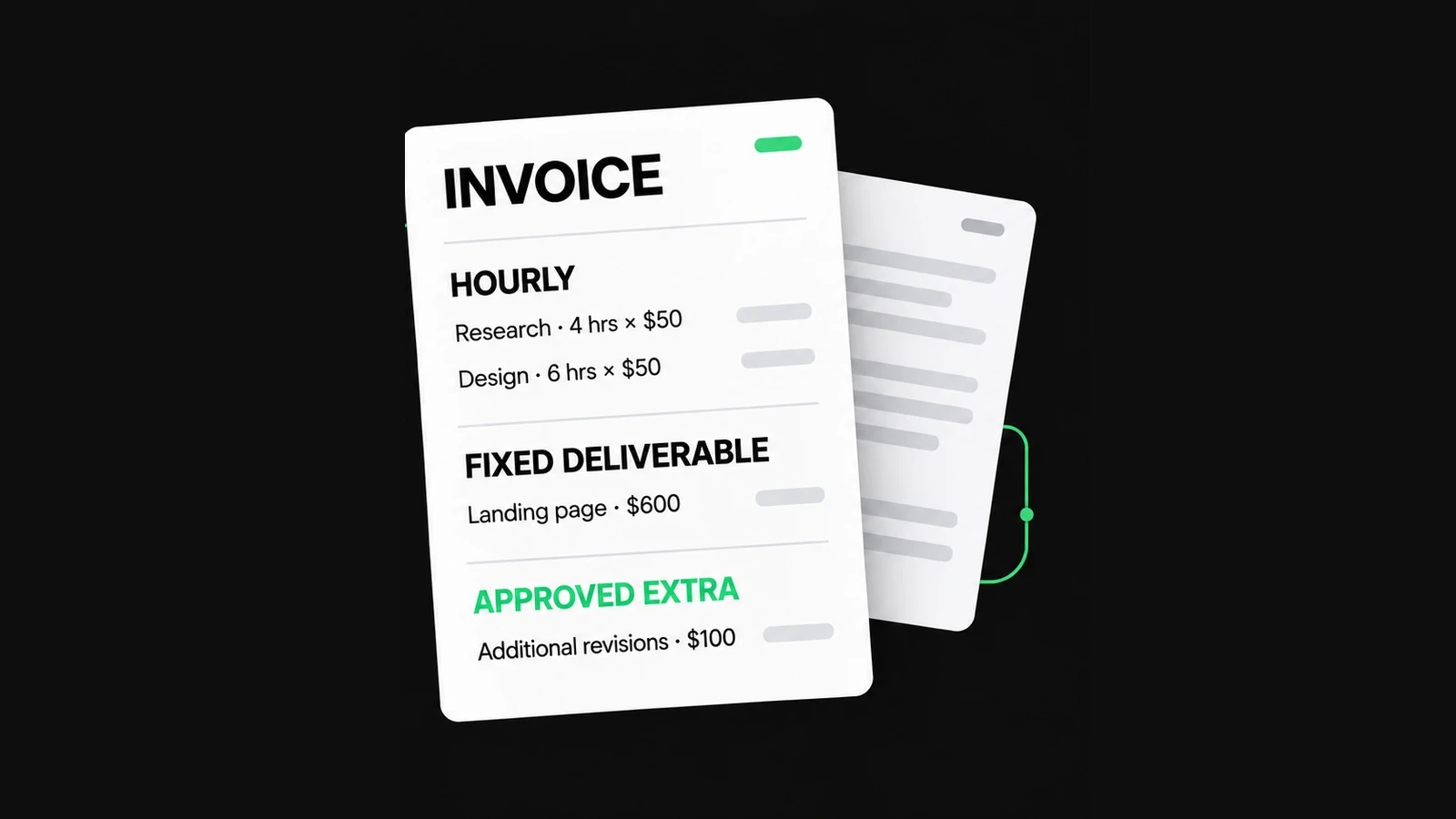 An illustrated freelancer invoice distinguishes hourly work, a fixed deliverable and an approved extra.