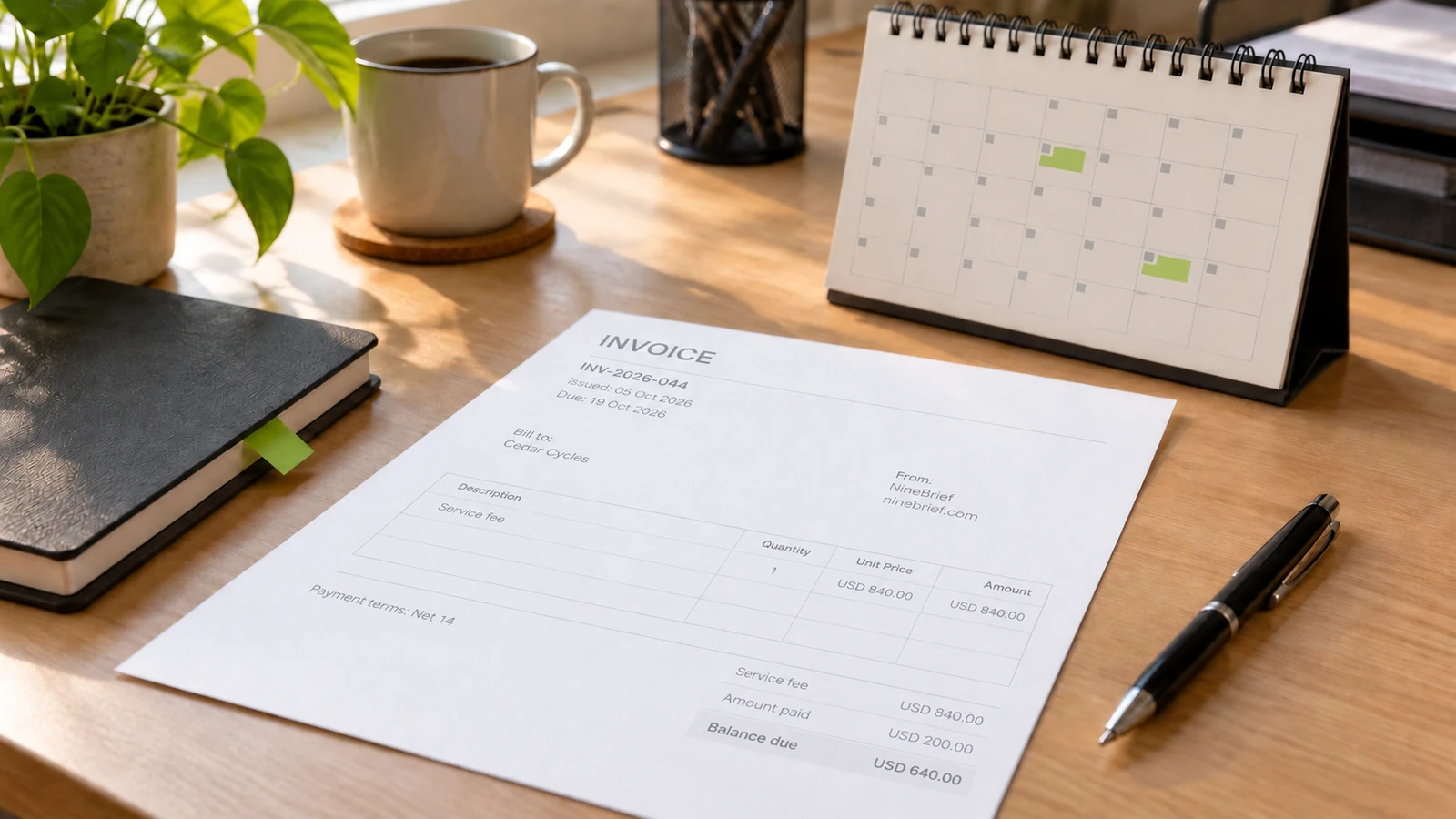 A NineBrief invoice with softly printed dates and a remaining balance lies beside a desk calendar and black pen.