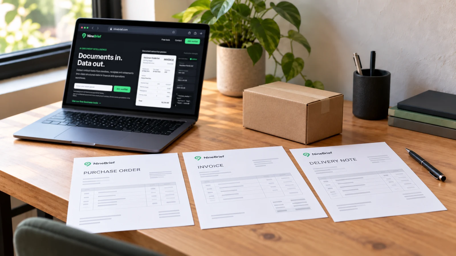 Three NineBrief papers labelled Purchase Order, Invoice and Delivery Note lie beside a carton and a laptop displaying the NineBrief homepage.
