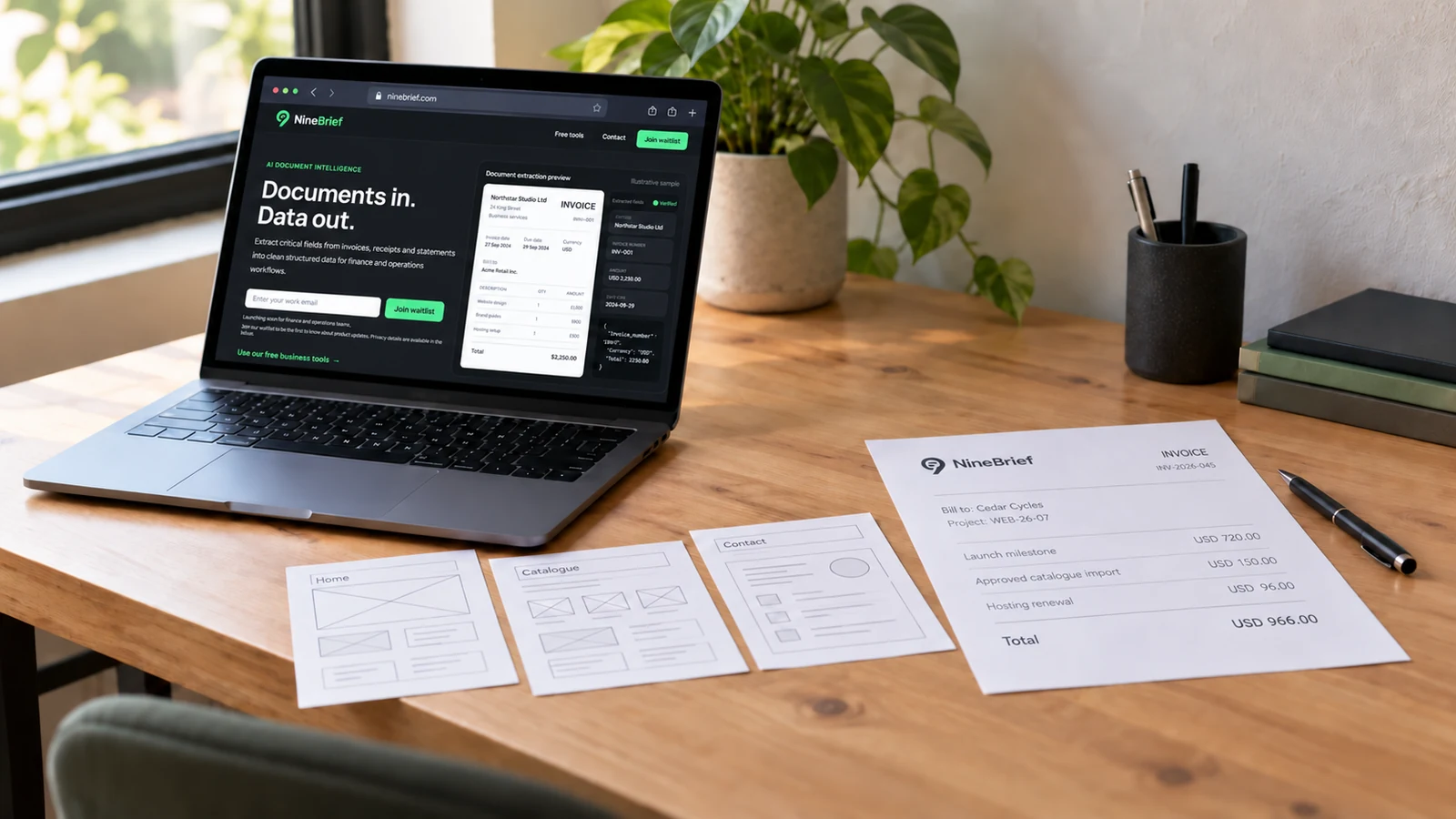 The ninebrief.com homepage is open on a laptop beside website sketches and a NineBrief invoice listing a launch stage, catalogue import and hosting renewal.